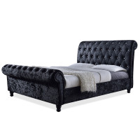 Baxton Studio CF8539-Black-Queen Castello Black Velvet Upholstered Faux Crystal-Buttoned Sleigh Queen Platform Bed